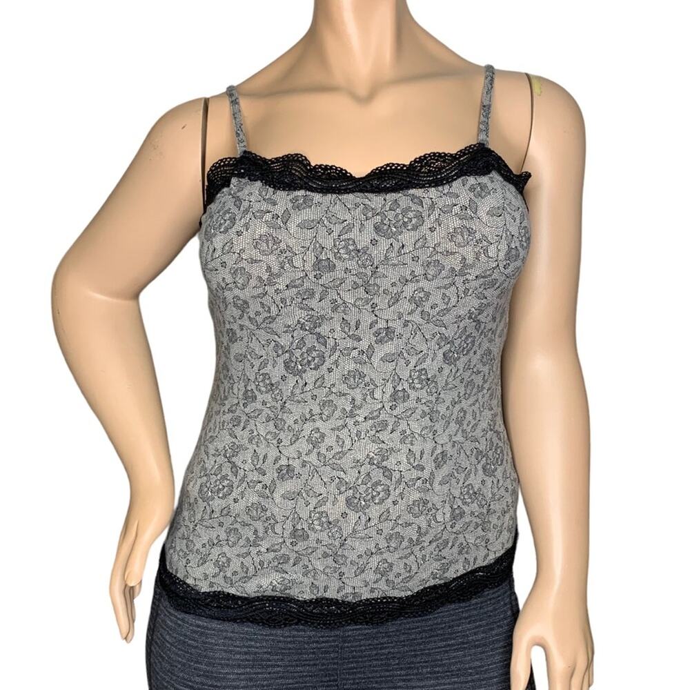 Ann Taylor Lace Cami Tank Top Flora Print Sleeveless Black and Beige Size L